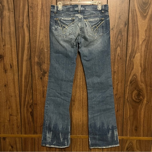 Bebe Blue Distressed Medium Wash Denim Embellished Low Rise Y2K Flare Jeans 29 - Picture 3 of 10